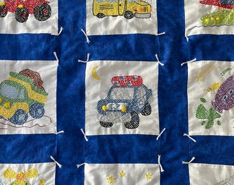 Adorable Patchwork Cross Stitched/Embroidered Transportation Vehicles Baby Quilt 35” x 46”