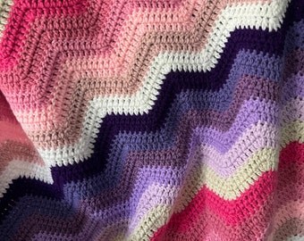Handmade Crocheted Ripple Pattern Pink and Purple Afghan 40”x48”