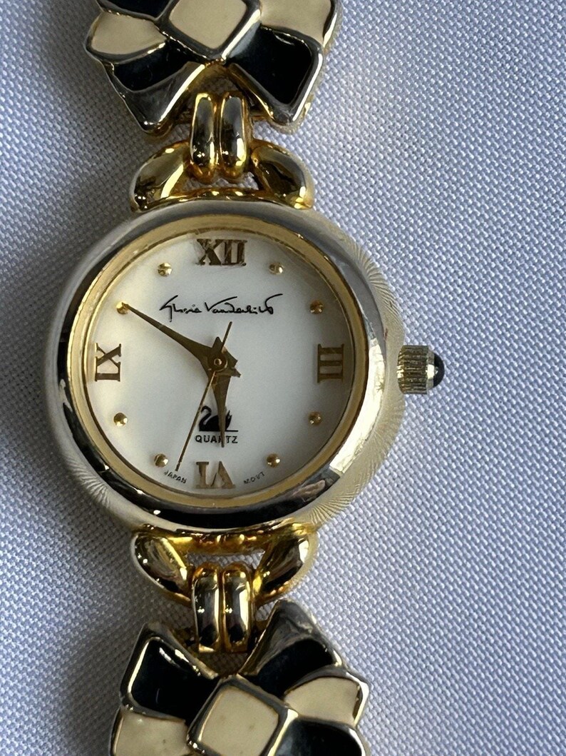 Vintage Gloria Vanderbilt Watch: Black & White Enamel Bow, 7" image 5