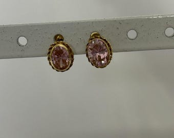 14k Gold Pink Cubic Zirconia Earrings, Vintage Stud Style