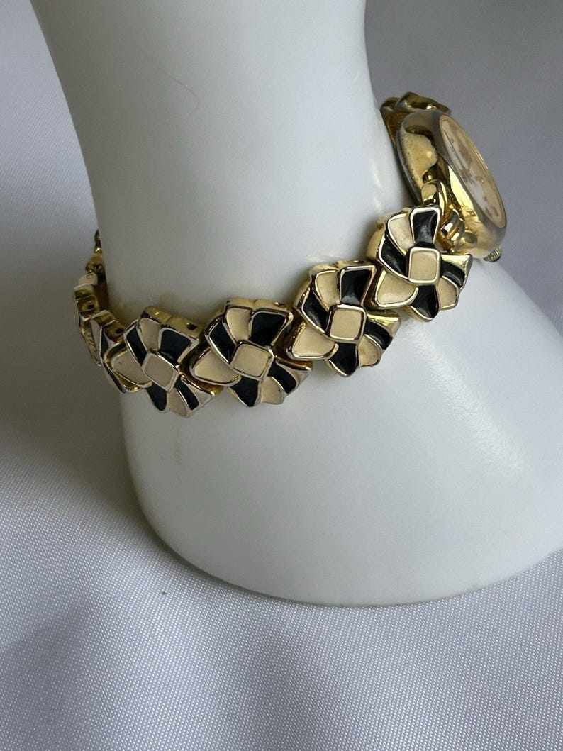 Vintage Gloria Vanderbilt Watch: Black & White Enamel Bow, 7" image 4
