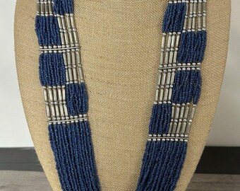 Blue Denim Seed Bead Multi-Strand Necklace: Silver Tone Accent, 31"