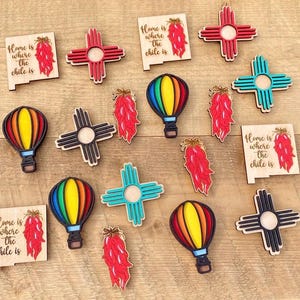 New Mexican style magnets - Zia sun symbol magnets -New Mexico souvenirs - Balloon magnet -international Balloon Fiesta- Chile Ristra magnet