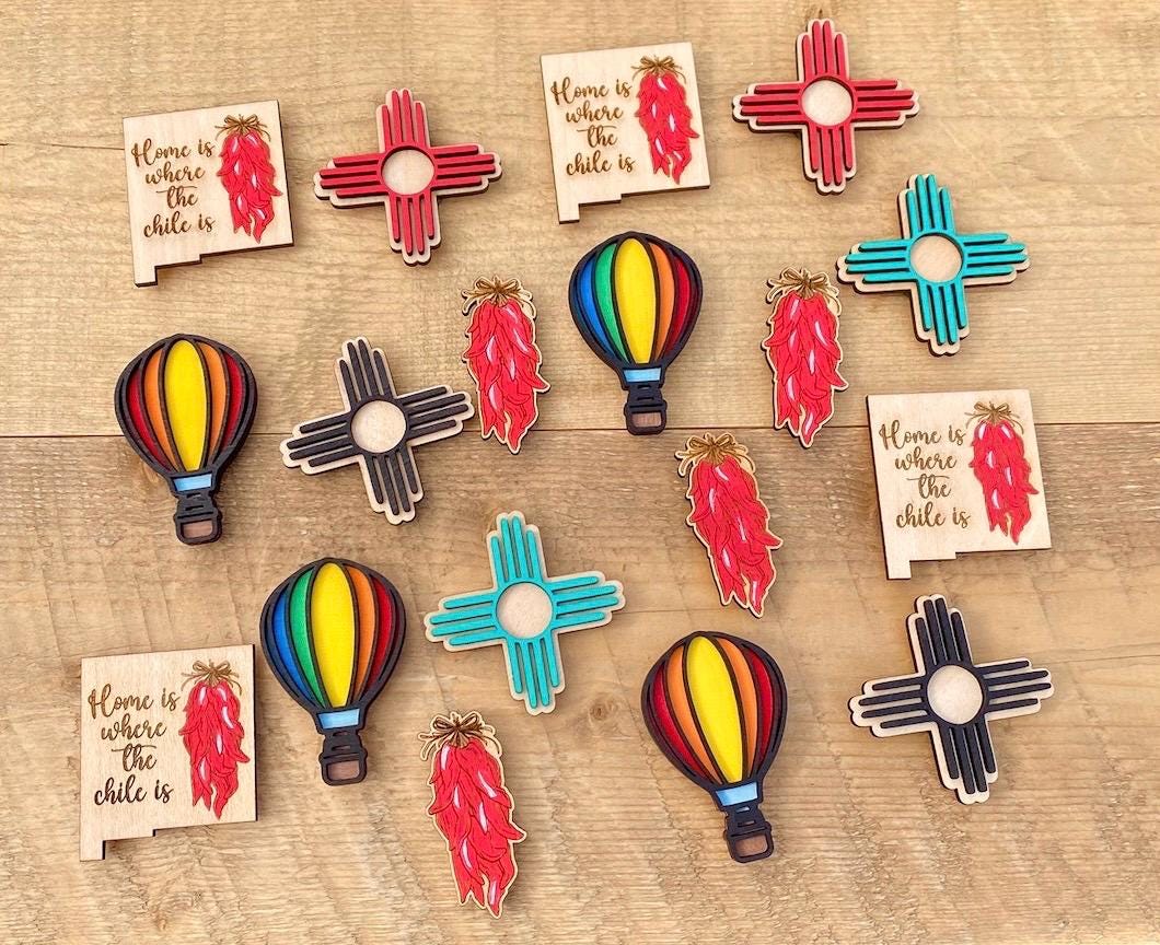 New Mexican style magnets - Zia sun symbol magnets -New Mexico souvenirs - Balloon magnet -international Balloon Fiesta- Chile Ristra magnet