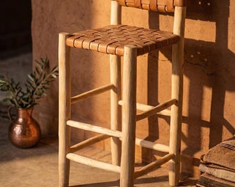 Leather Bar Stool – Handwoven Leather & Solid Wood Stool – Moroccan Handmade Bar Chair – Boho Rustic Kitchen Stool – Natural Home Decor