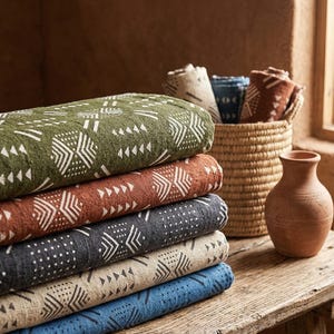 Peut inclure: Une pile de textiles pliés dans les tons de vert, rouille, gris, beige et bleu, chacun avec un motif géométrique blanc. Un panier en osier contient des textiles roulés et un vase en terre cuite est posé à proximité sur une surface en bois rustique.