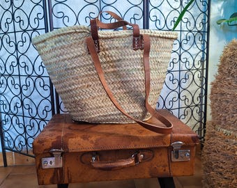 Straw tote bag with double leather handles – Handmade Moroccan boho chic bag