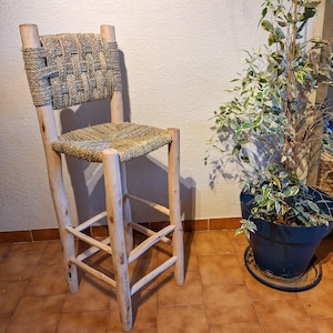 Handmade Moroccan Bar Stool - Eucalyptus Wood & Palm Leaf - Boho Handcrafted High Chair