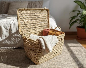 May include: A woven rectangular storage basket with a lid, filled with folded and rolled textiles in shades of cream, orange, and brown. The basket sits on a textured rug, with a bed and plant in the background.