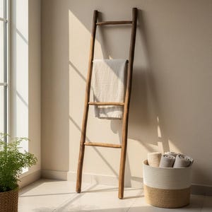 Può includere: Una scala in legno per asciugamani è appoggiata a una parete beige, con un asciugamano di colore chiaro drappeggiato sopra. Un cesto intrecciato contiene asciugamani arrotolati. Una pianta in vaso è vicino a una finestra, bagnata dalla luce solare.