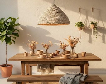 Lampada a sospensione a mezza sfera con foglia di palma - Illuminazione boho naturale - Paralume in vimini fatto a mano