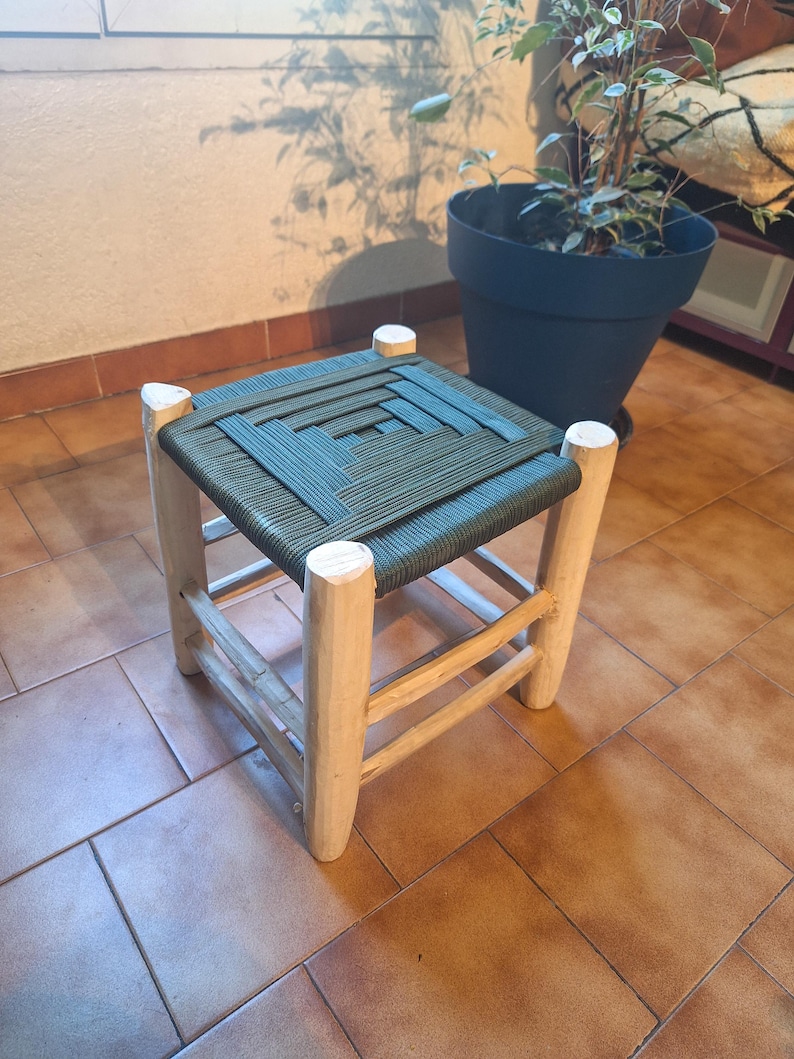 Tabouret marocain en bois et corde vert