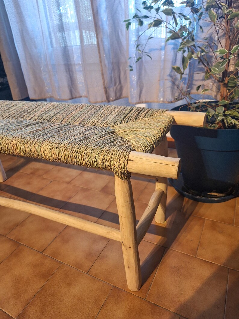 Banc Marocain 1m en Bois Brut et Corde de Palmier Naturelle