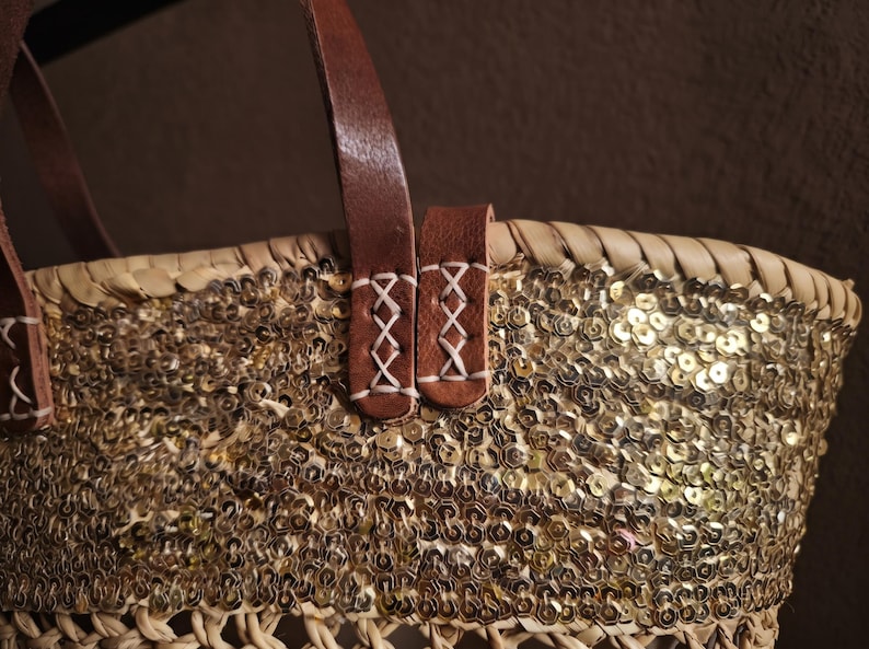 Sac Cabas en Paille et Sequins Dorés