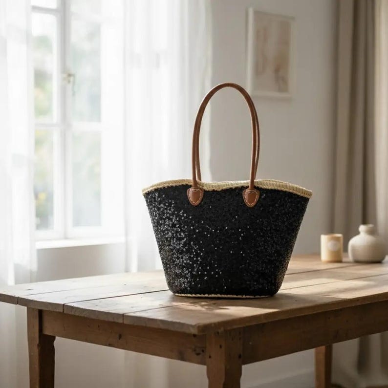 Grand Sac Cabas en Paille et Sequins Noirs