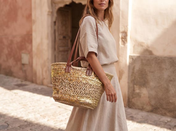 Sac Cabas en Paille et Sequins Dorés