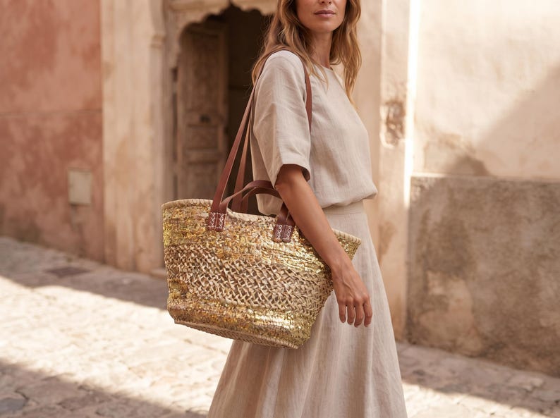 Sac Cabas en Paille et Sequins Dorés