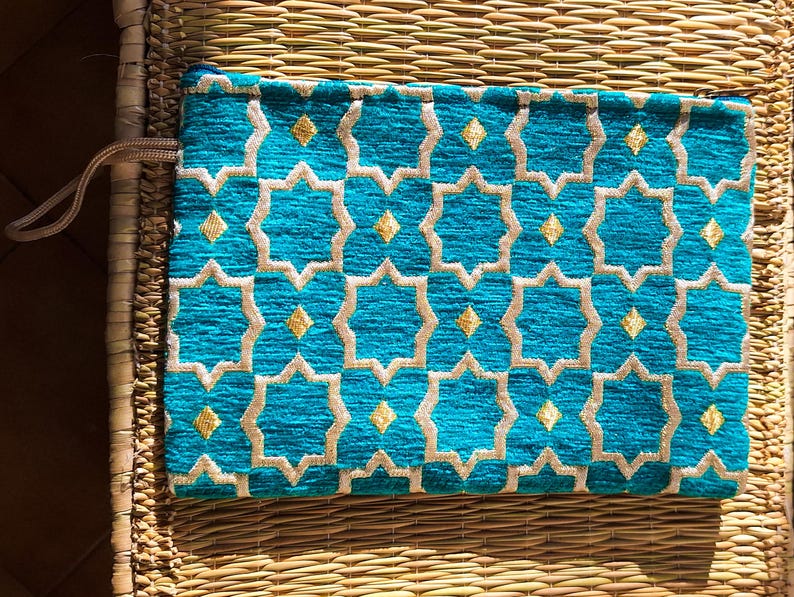 Pochette Zippée Velours Brocard Marocain