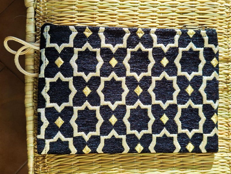 Pochette Zippée Velours Brocard Marocain