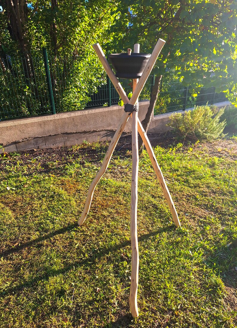 Grand Trépied Bois Brut et Bougie Artisanale - Déco Naturelle & Élégante - Lampadaire Rustique 150cm