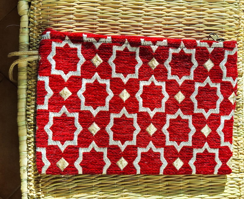 Pochette Zippée Velours Brocard Marocain