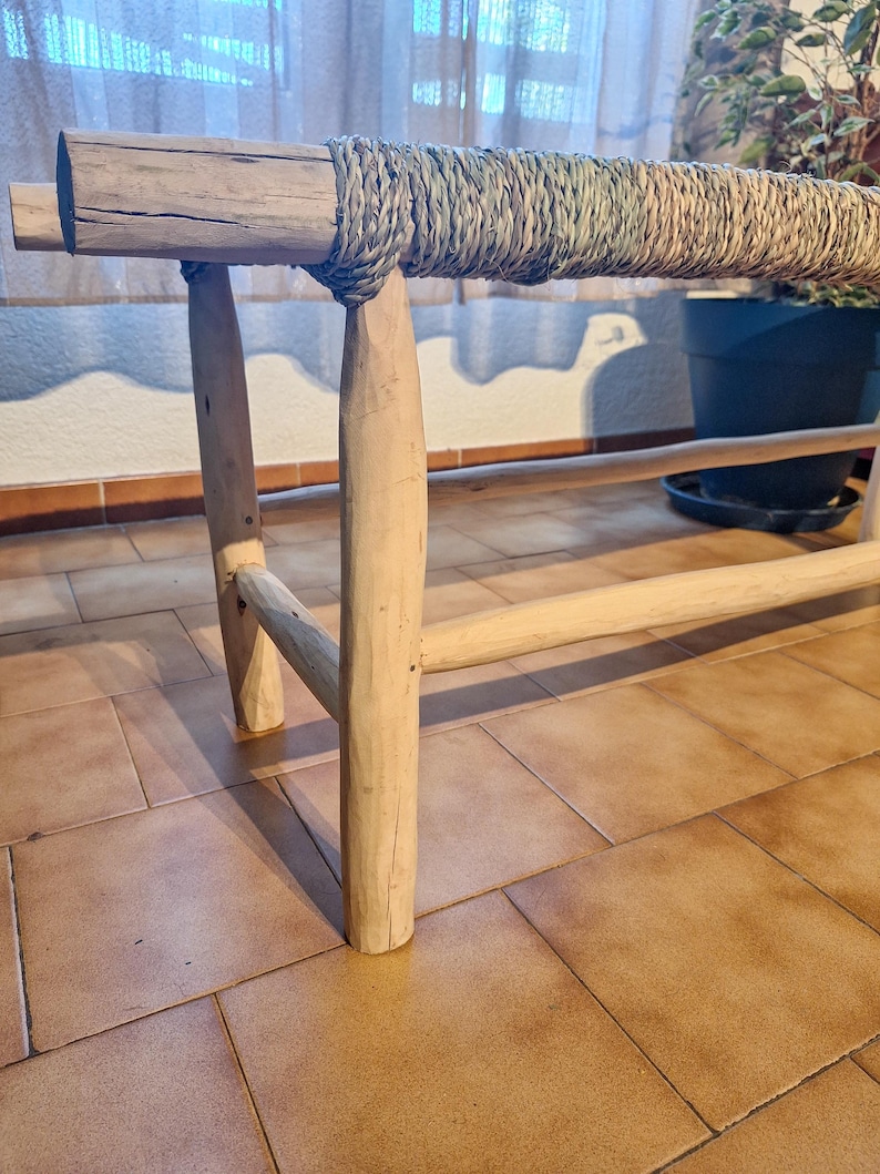 Banc Marocain 1m en Bois Brut et Corde de Palmier Naturelle