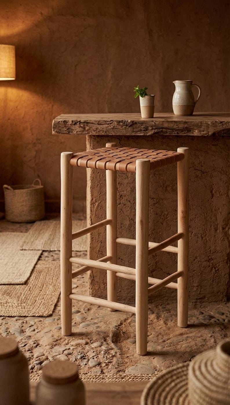 Tabouret de Bar Marocain en Bois Massif et Cuir Tressé