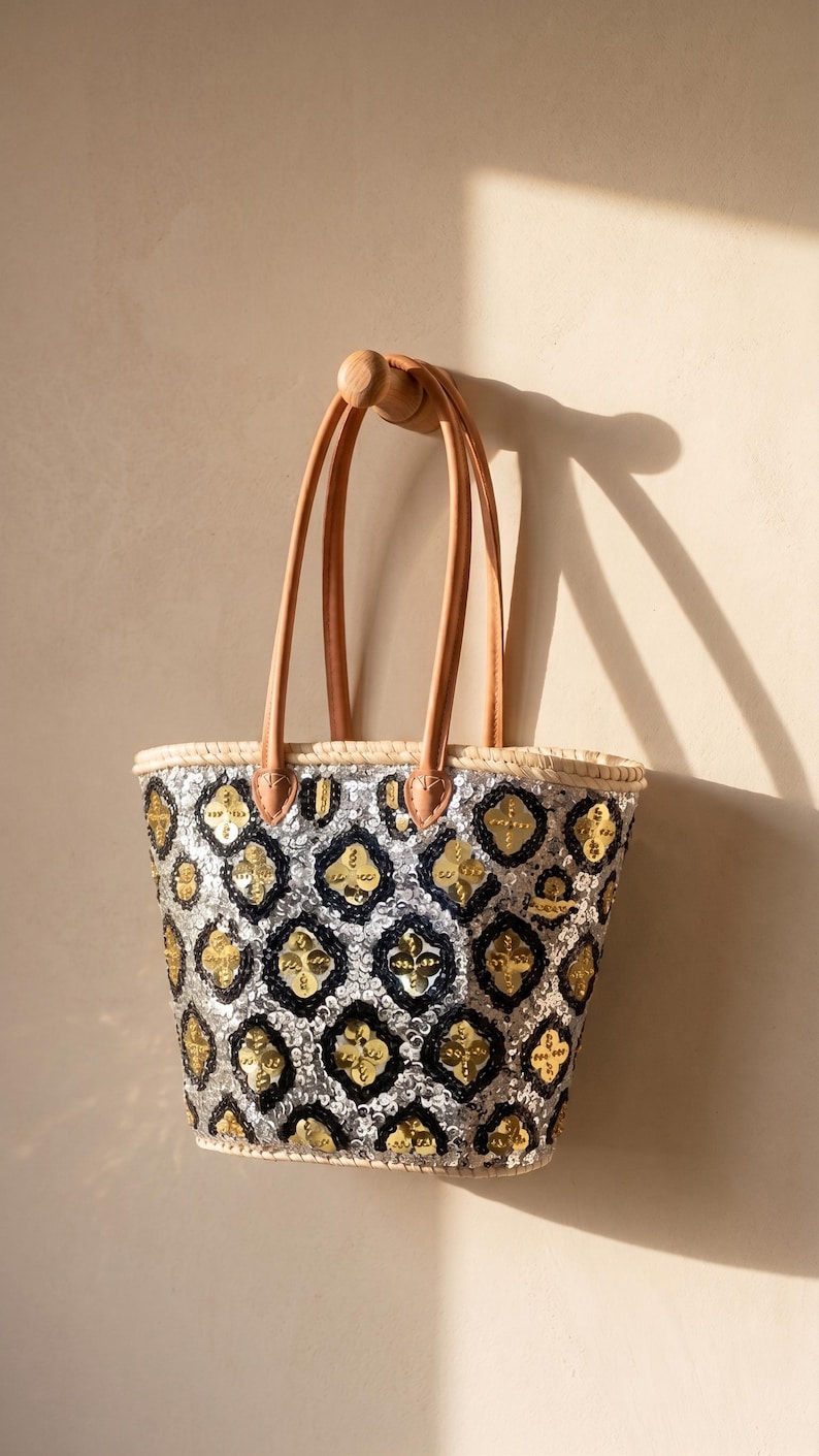 Sac Cabas en Paille et Sequins Argentés