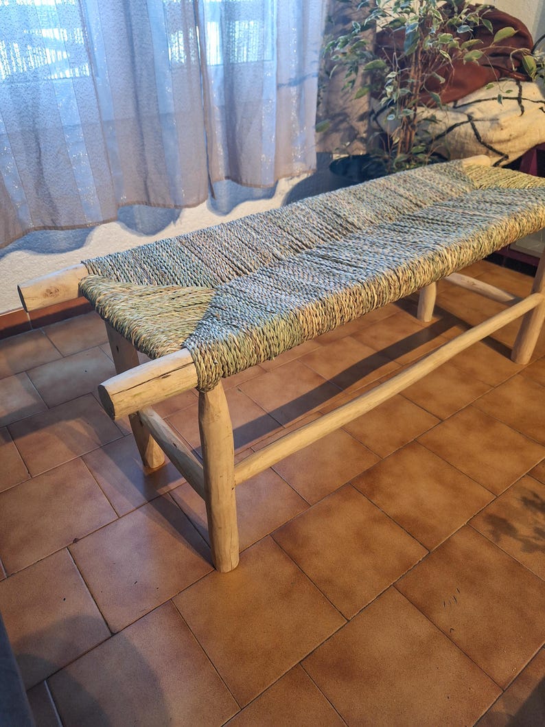 Banc Marocain 1m en Bois Brut et Corde de Palmier Naturelle