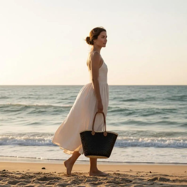 Grand Sac Cabas en Paille et Sequins Noirs