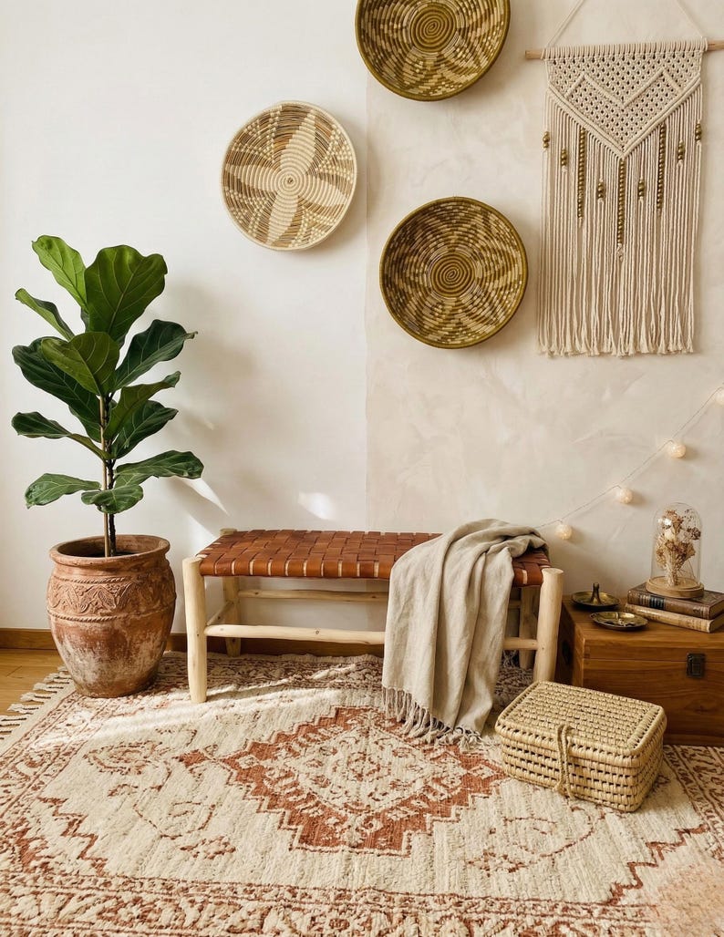 Banc artisanal en bois et cuir tressé