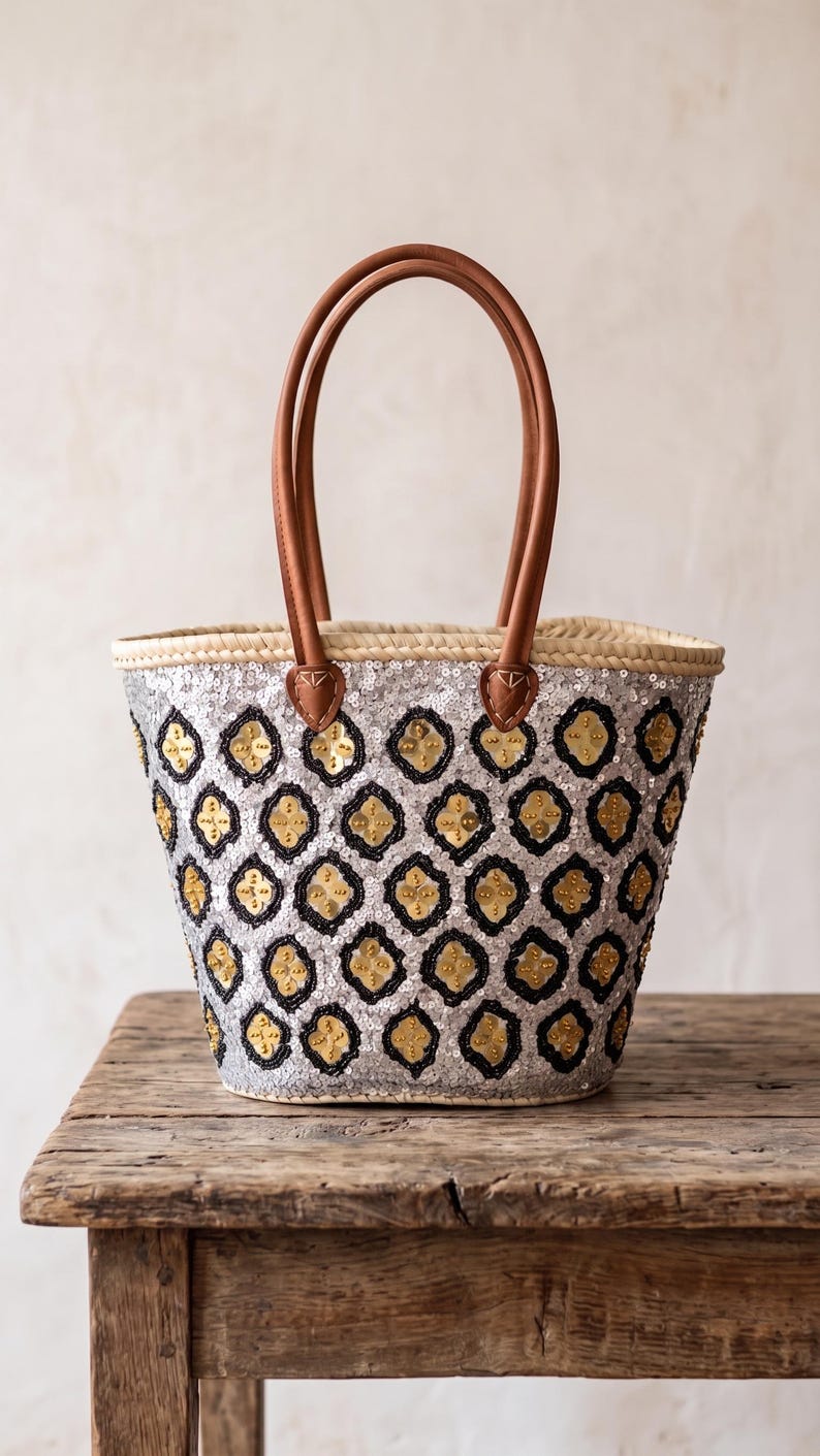 Sac Cabas en Paille et Sequins Argentés