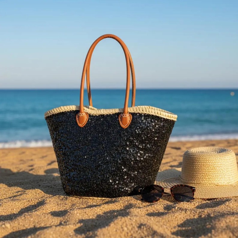 Grand Sac Cabas en Paille et Sequins Noirs