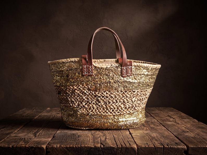 Sac Cabas en Paille et Sequins Dorés