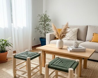 Tabouret marocain en bois et corde vert