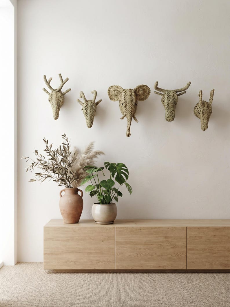 Set de 5 têtes d’animaux en paille