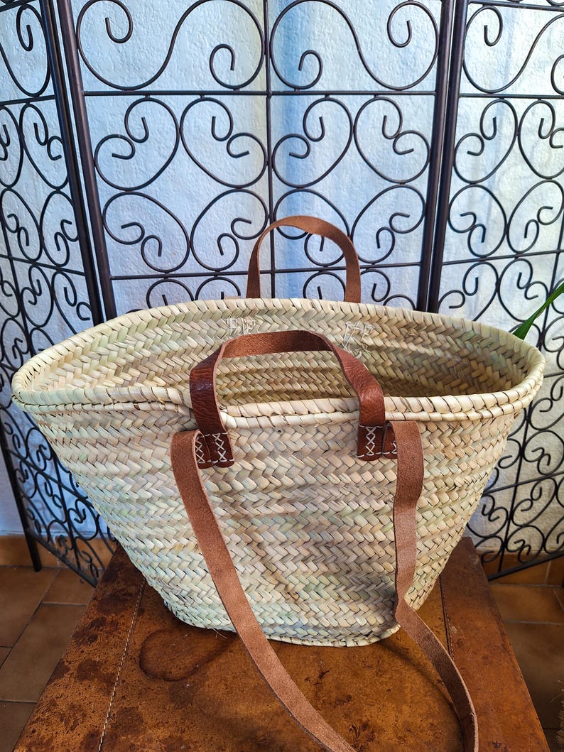 Panier cabas en paille avec double anses cuir