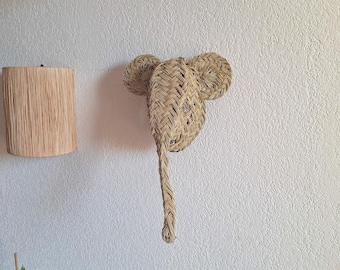 Trophée mural tête d'éléphant en paille tressée