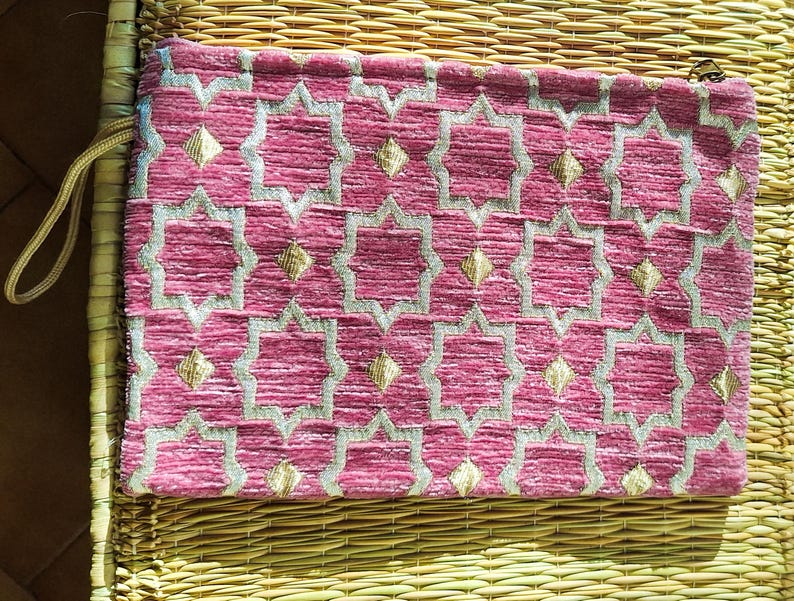 Pochette Zippée Velours Brocard Marocain