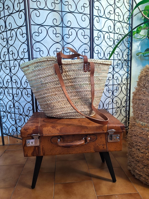 Panier cabas en paille avec double anses cuir