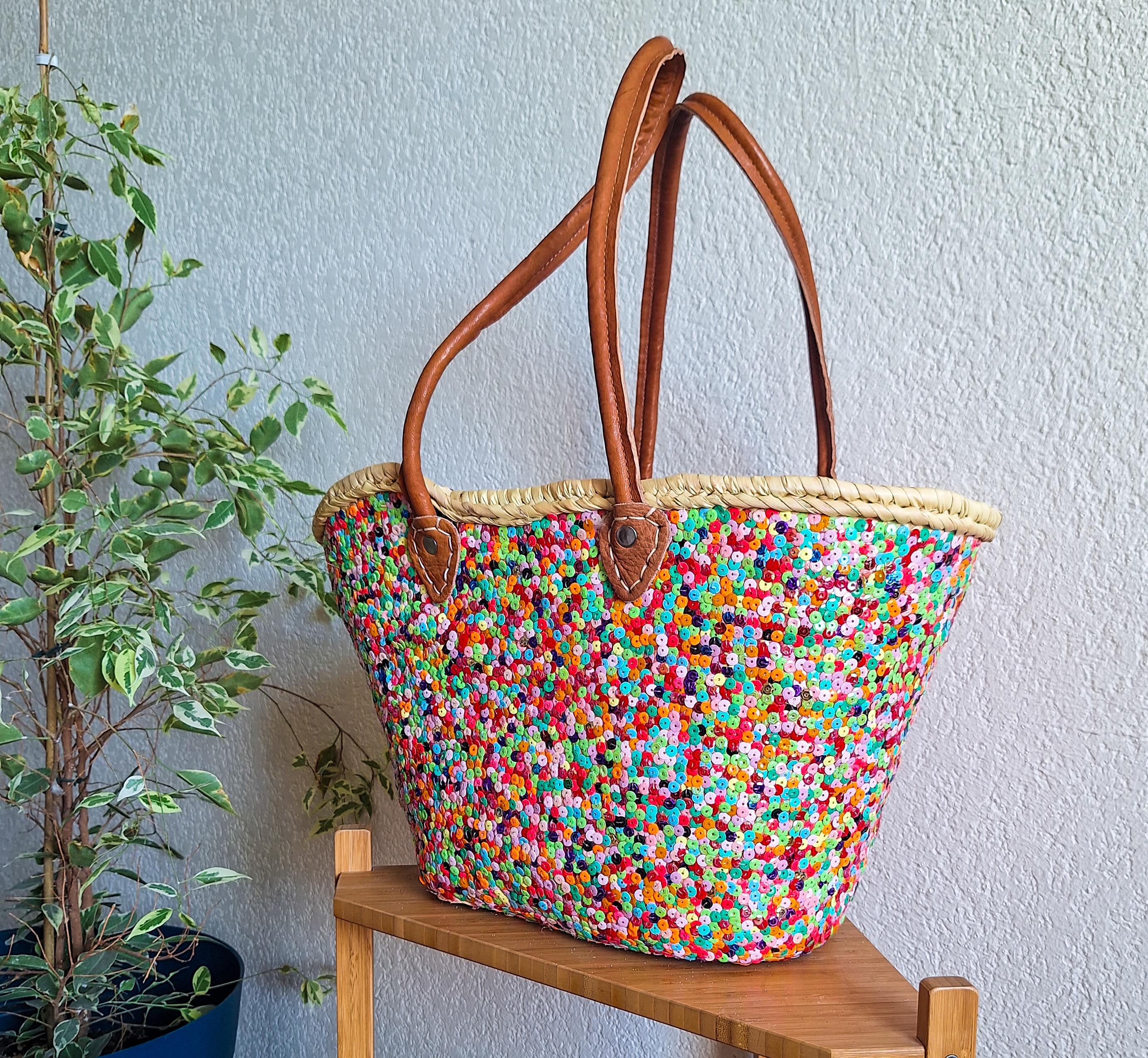 Sac Fourre-tout En Paille Tressée Pour Femme/fille - Couleurs Rose, Orange, Violet à Rayures, Occasion