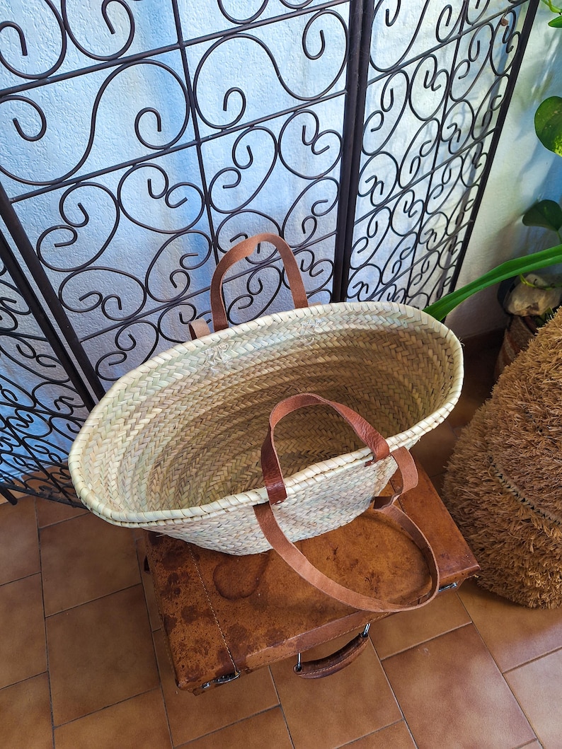 Panier cabas en paille avec double anses cuir