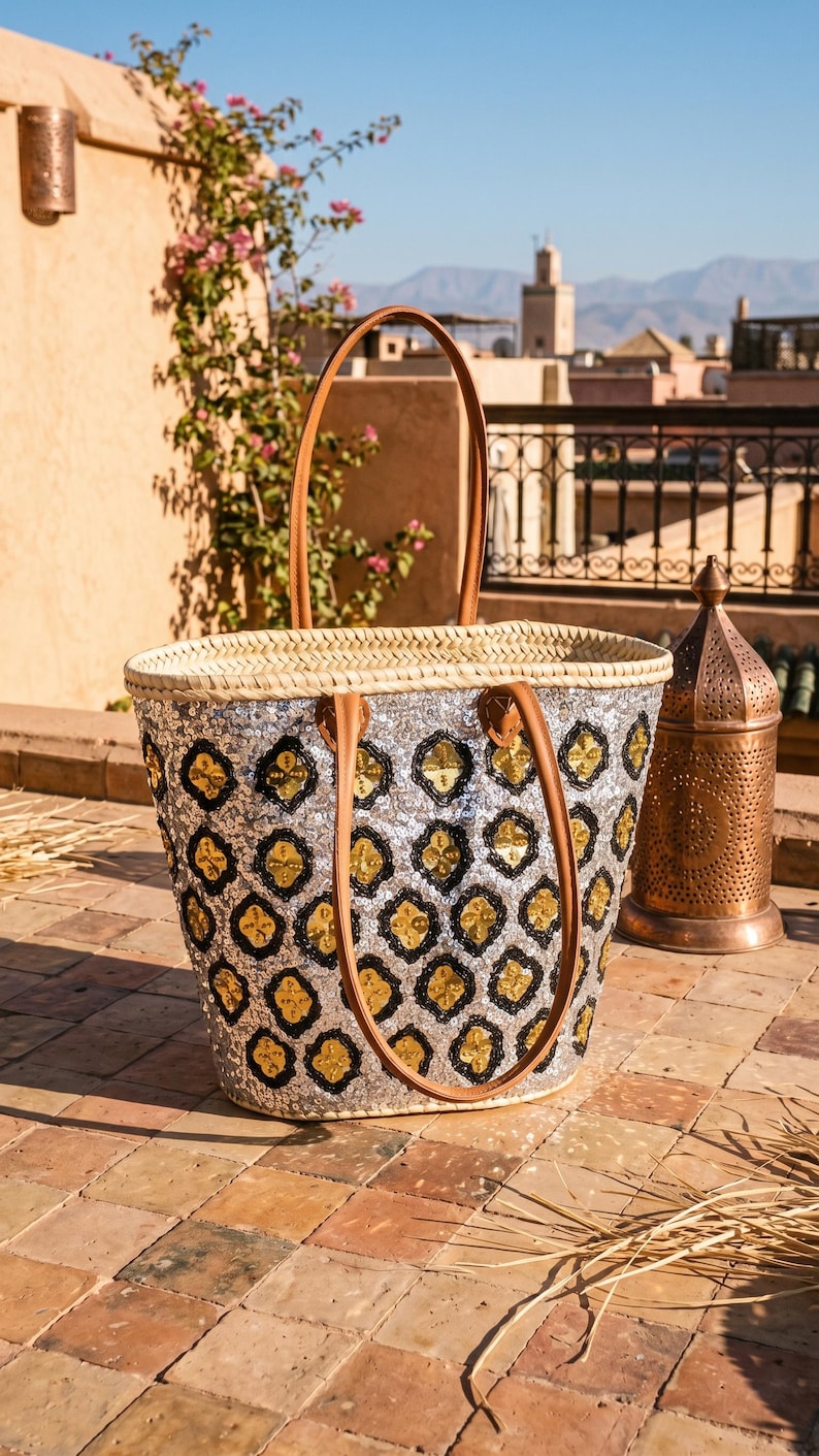 Sac Cabas en Paille et Sequins Argentés