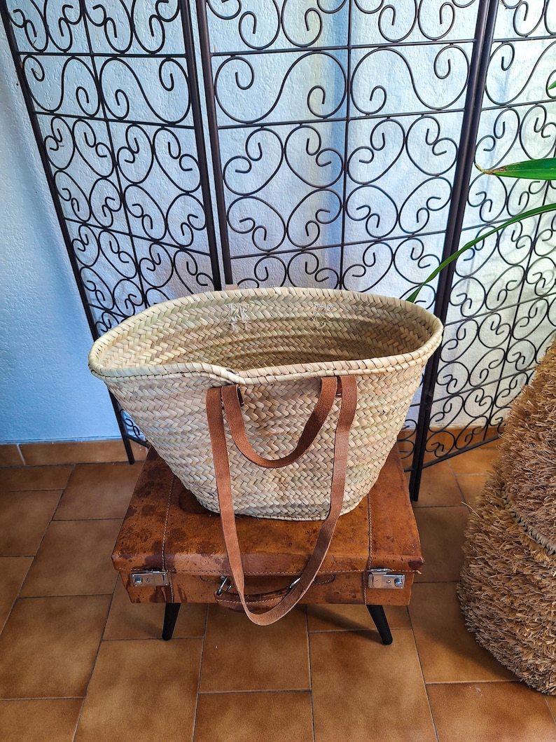 Panier cabas en paille avec double anses cuir