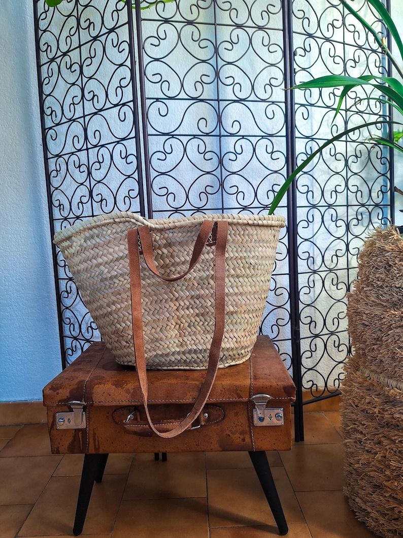 Panier cabas en paille avec double anses cuir