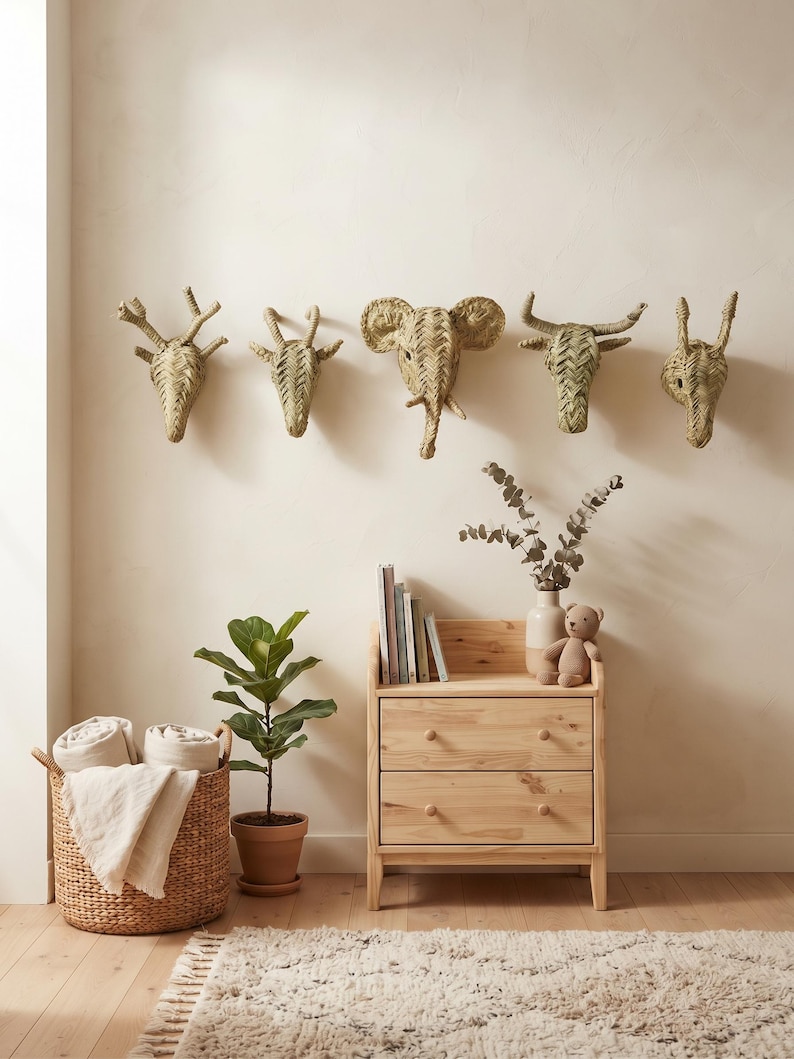 Set de 5 têtes d’animaux en paille