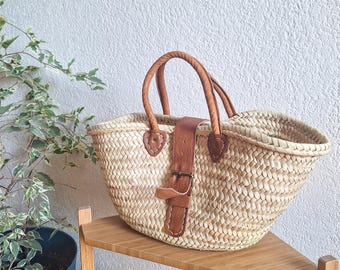 Straw tote bag with leather handle and closure – Moroccan handcrafted boho chic bag – Handmade summer bag