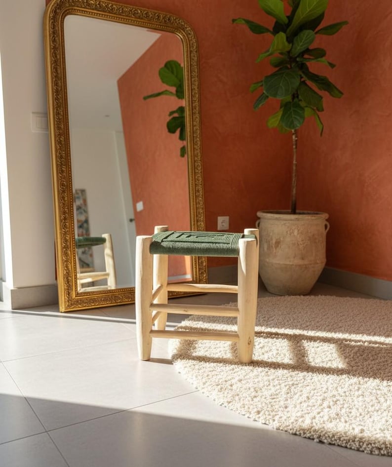 Tabouret marocain en bois et corde vert