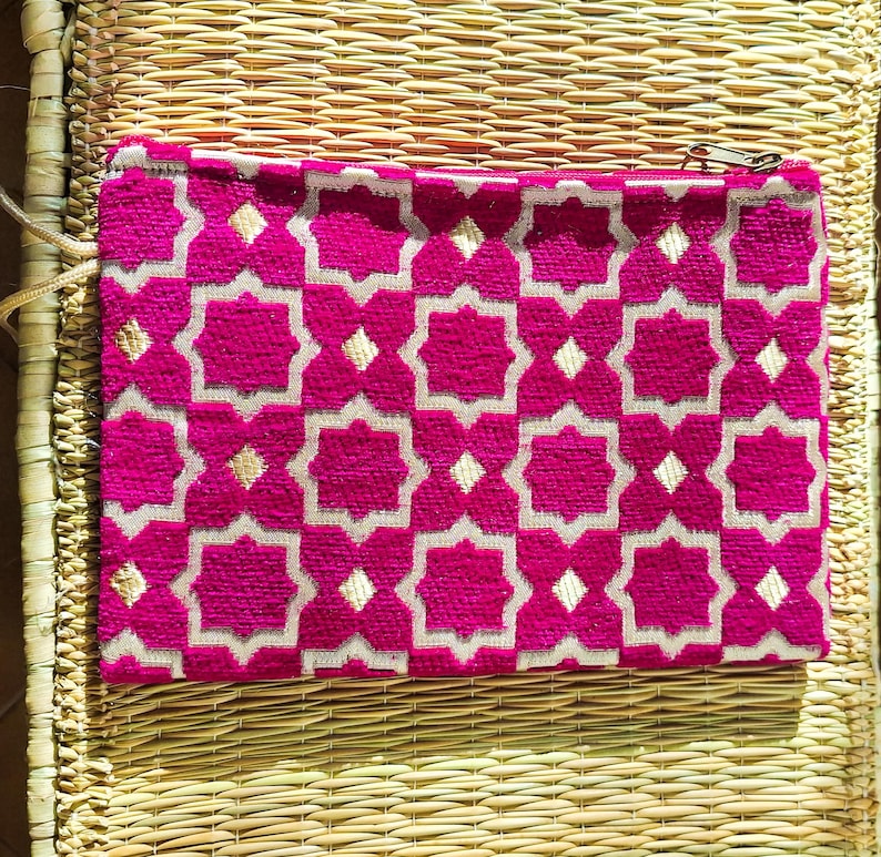 Pochette Zippée Velours Brocard Marocain