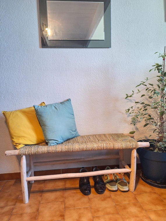 Banc Marocain 1m en Bois Brut et Corde de Palmier Naturelle